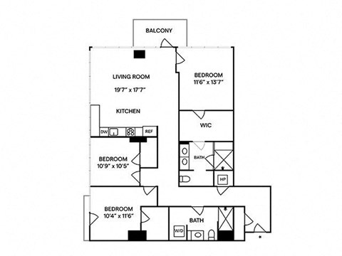 Floor plan for 3 beds, 2 baths, 1476 sqft